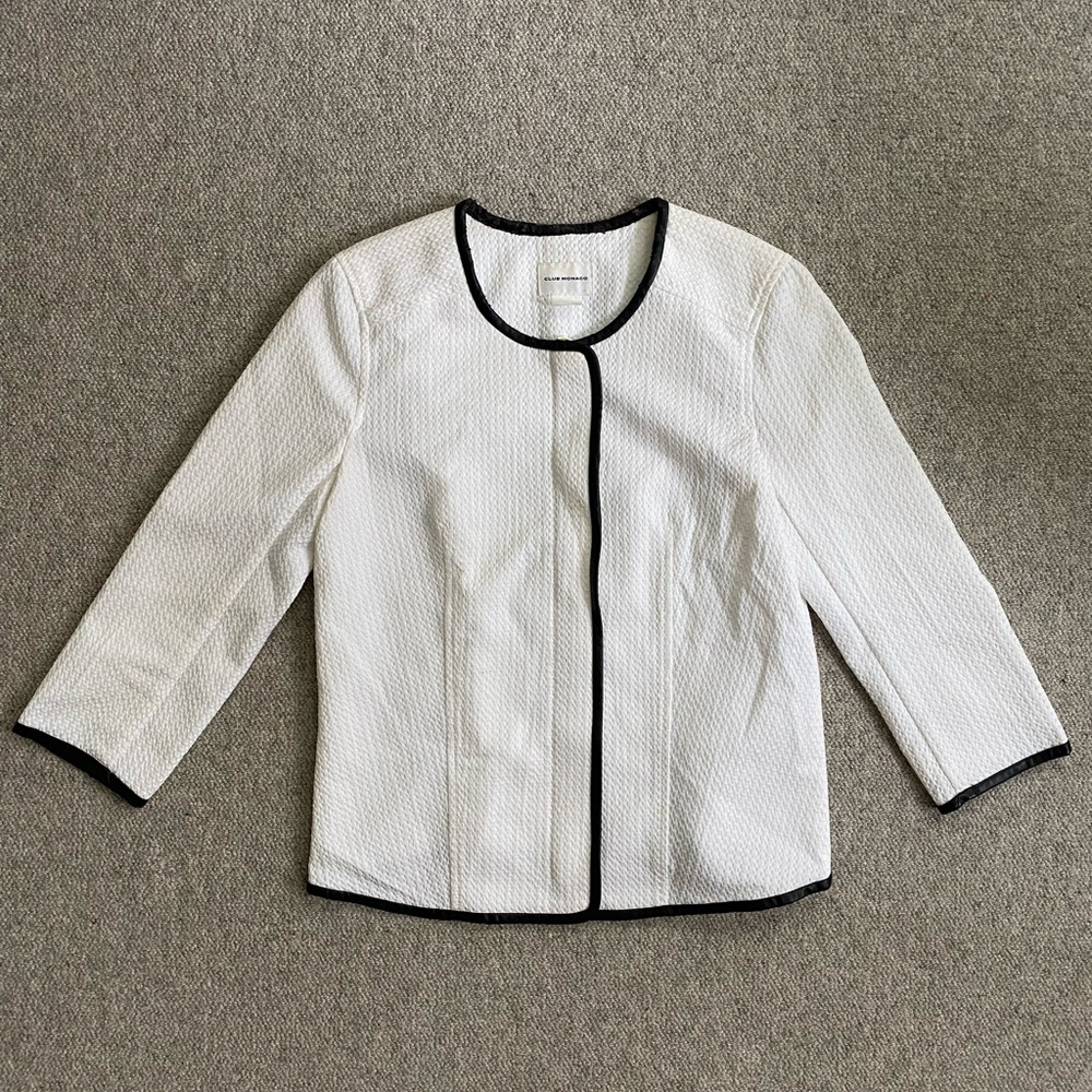 Club Monaco White Crepe Blazer with Black Vegan Leather Trim